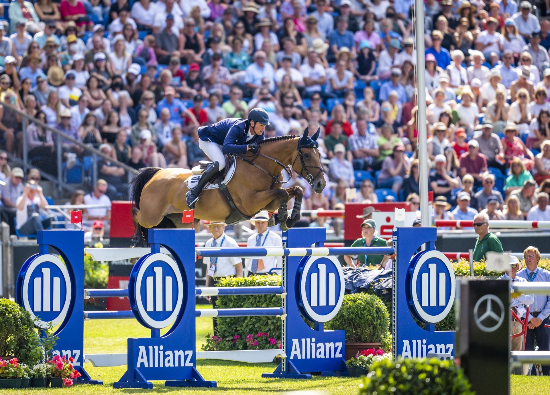 Show jumper in a blue competition jacket and white breeches riding a bay horse over a fence with blue “Allianz” sponsor panels in a large stadium. In the background, a packed grandstand of spectators watches the competition in bright sunshine.