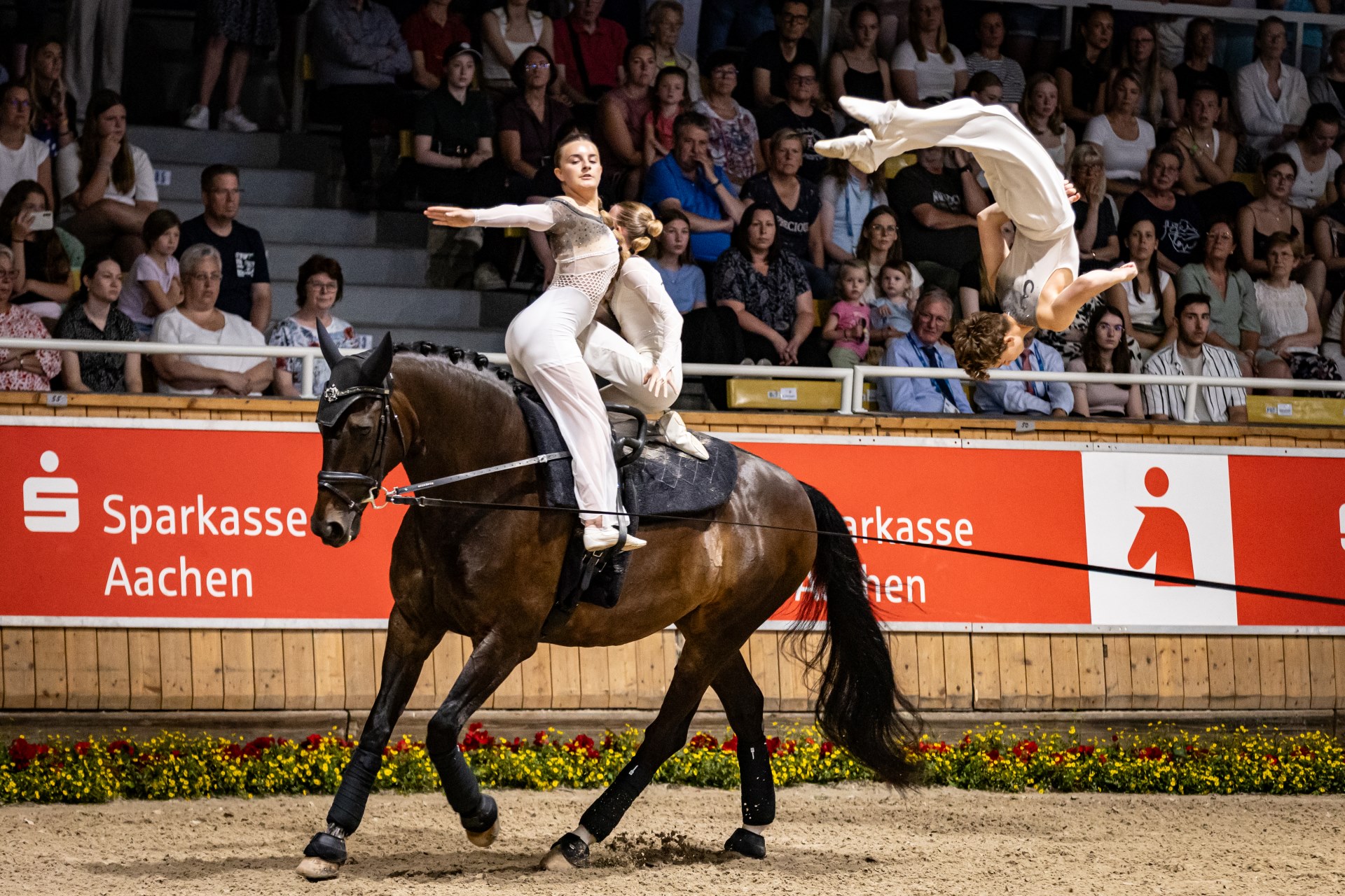 Three female vaulters in white outfits perform a routine on a brown horse in an indoor arena; two are standing and kneeling on the cantering horse while another athlete in the background is captured mid backflip in the air, with spectators and a red “Sparkasse Aachen” banner along the arena wall.