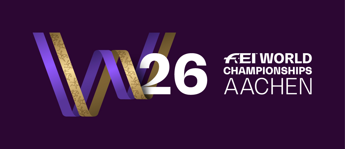 Logo of the FEI World Championships Aachen 2026 on a dark purple background. On the left is a large, stylised ‘W’ made up of a purple and gold ribbon with horse and rider icons representing the respective disciplines. To the right of this is the white number “26”. On the right is the white text: ‘FEI World Championships Aachen’.