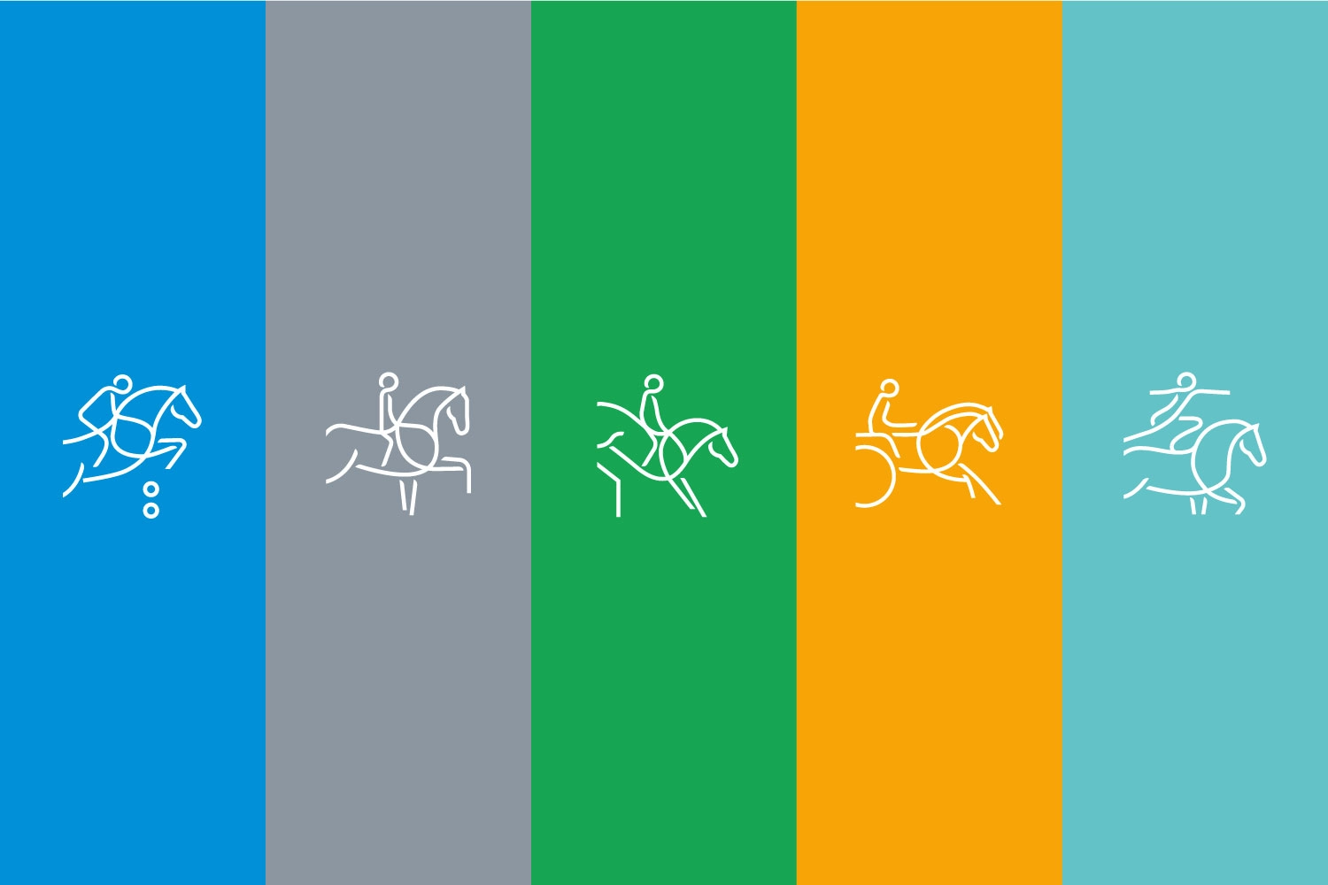 The image shows five coloured vertical stripes, each depicting a stylised icon of a horse with a rider. The colours of the stripes are blue, grey, green, orange and light blue. Each icon represents a discipline of equestrian sport: show jumping, dressage, eventing, driving and vaulting.
