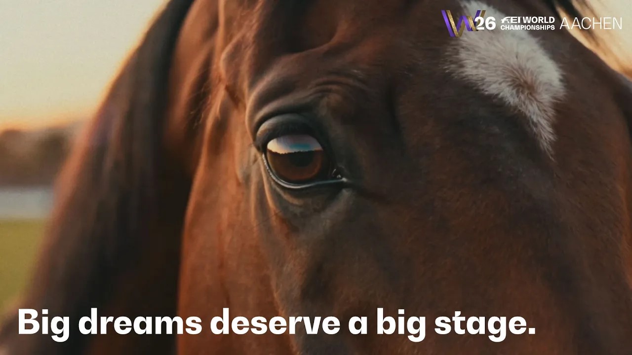 A close-up of a brown horse’s head with a white blaze in the warm evening light; above it is the logo ‘FEI World Championships Aachen 2026’, and below it the text ‘Big dreams deserve a big stage.’
